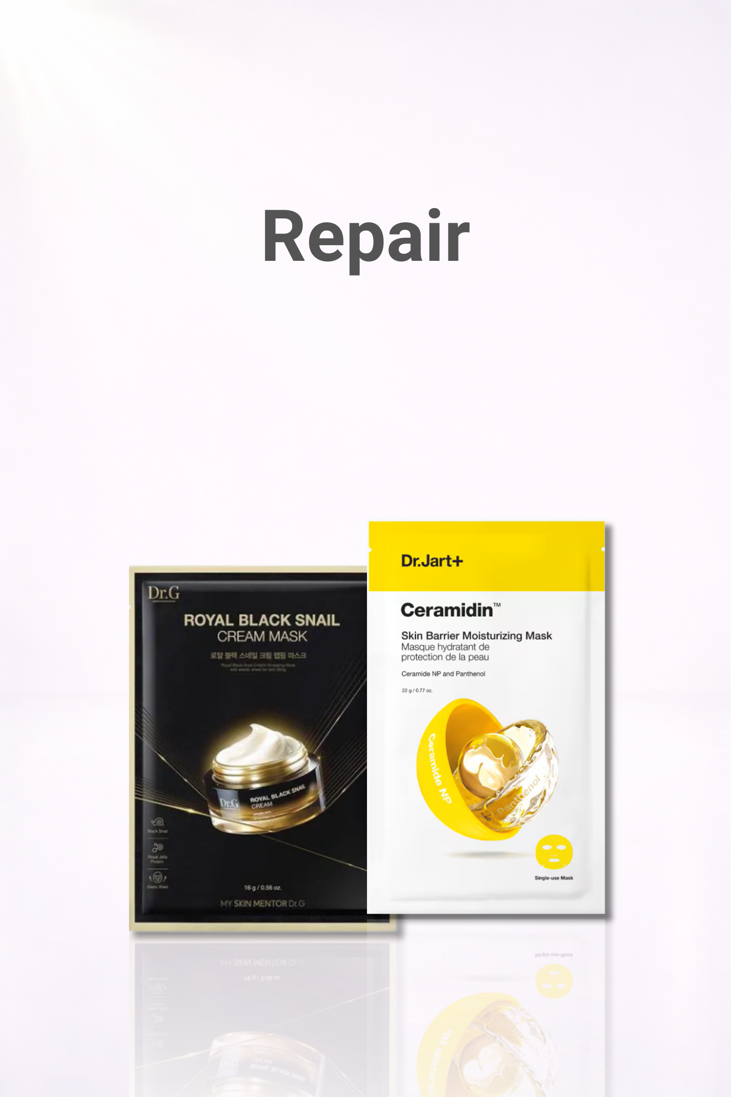 Step 2 Repair phase of the Calm & Soothing Korean sheet mask ritual showing barrier-support products